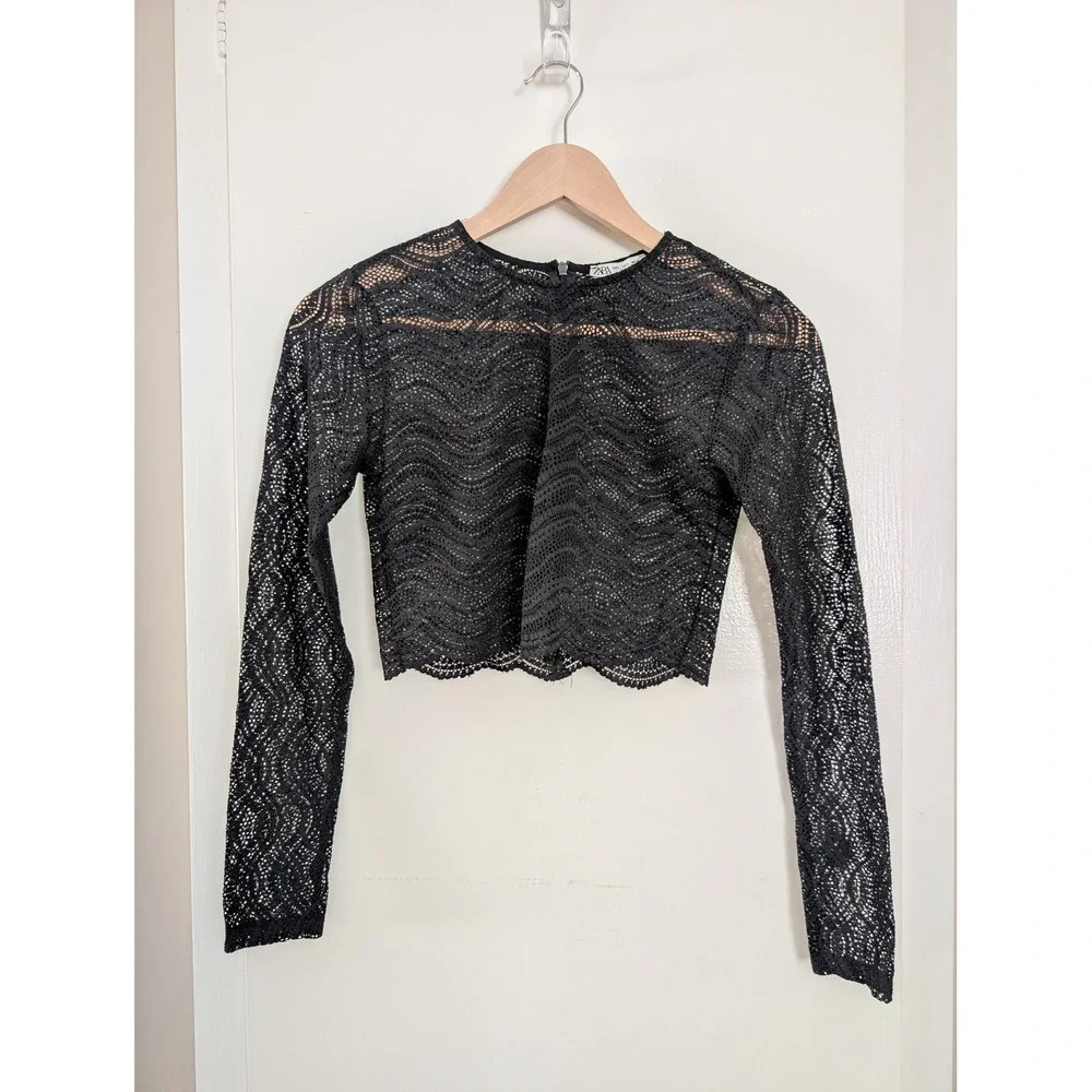 Zara Womens S Black Sheer Lace Long Sleeve Crop Top Fairy‎ Grunge Witchy